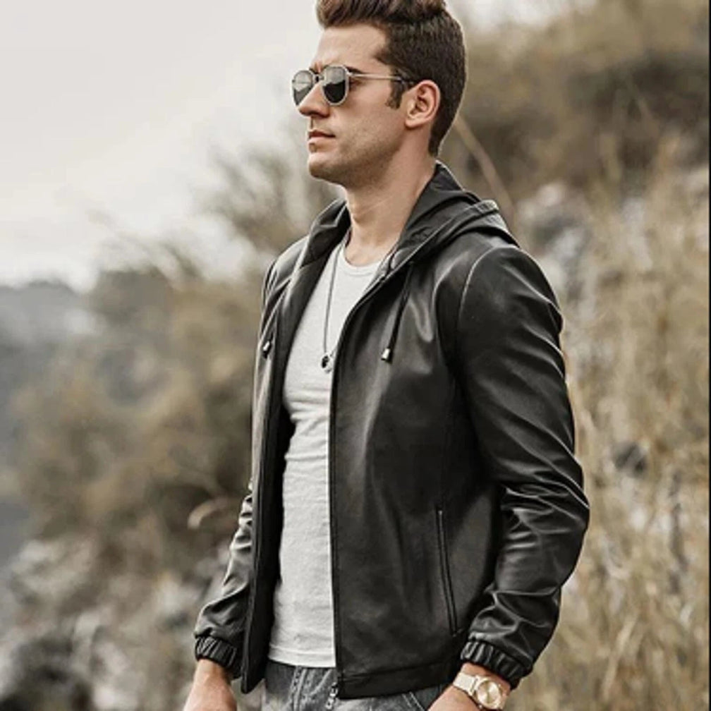 Men's Black Lambskin Premium Original Leather Jacket with Detachable Hood