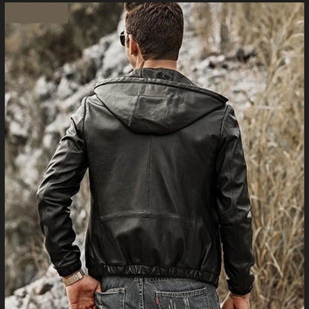 Men's Black Lambskin Premium Original Leather Jacket with Detachable Hood
