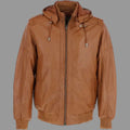 Men's Tan Lambskin Original Premium Leather Hooded Bomber Jacket with Ribbed Trim