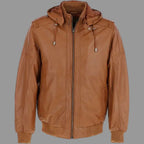 Men's Tan Lambskin Original Premium Leather Hooded Bomber Jacket with Ribbed Trim