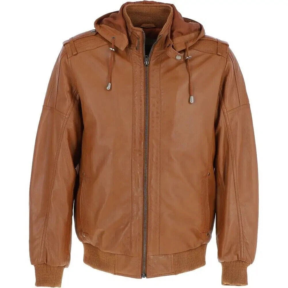 Men's Tan Lambskin Original Premium Leather Hooded Bomber Jacket with Ribbed Trim