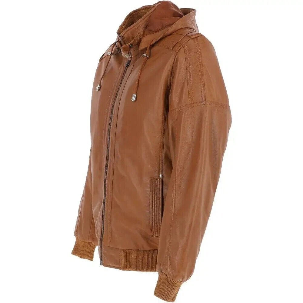 Men's Tan Lambskin Original Premium Leather Hooded Bomber Jacket with Ribbed Trim