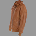Men's Tan Lambskin Original Premium Leather Hooded Bomber Jacket with Ribbed Trim