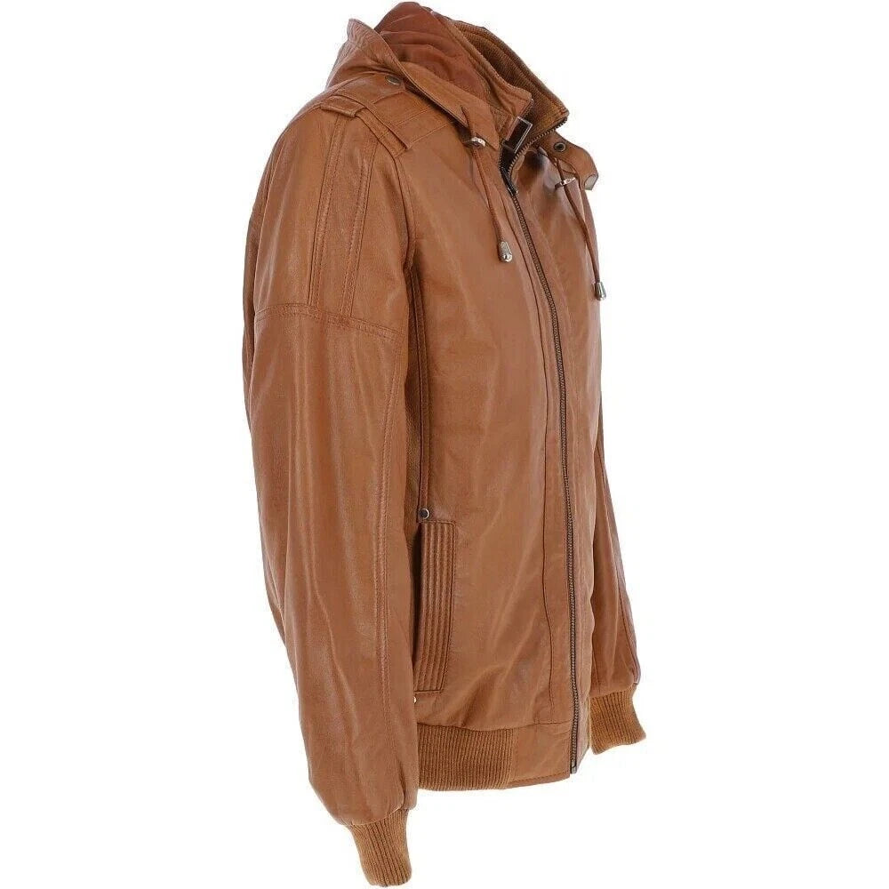 Men's Tan Lambskin Original Premium Leather Hooded Bomber Jacket with Ribbed Trim