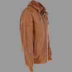 Men's Tan Lambskin Original Premium Leather Hooded Bomber Jacket with Ribbed Trim