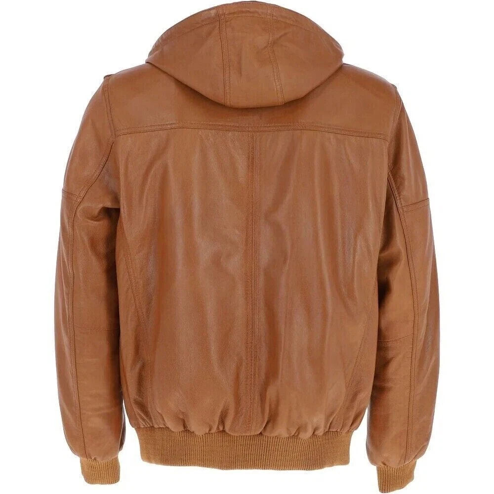 Men's Tan Lambskin Original Premium Leather Hooded Bomber Jacket with Ribbed Trim