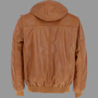Men's Tan Lambskin Original Premium Leather Hooded Bomber Jacket with Ribbed Trim