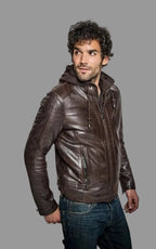 Men's Dark Brown Lambskin Original Premium Leather Hooded Biker Jacket with Quilted Panels
