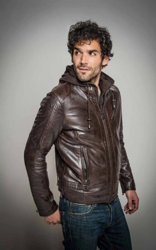 Men's Dark Brown Lambskin Original Premium Leather Hooded Biker Jacket with Quilted Panels