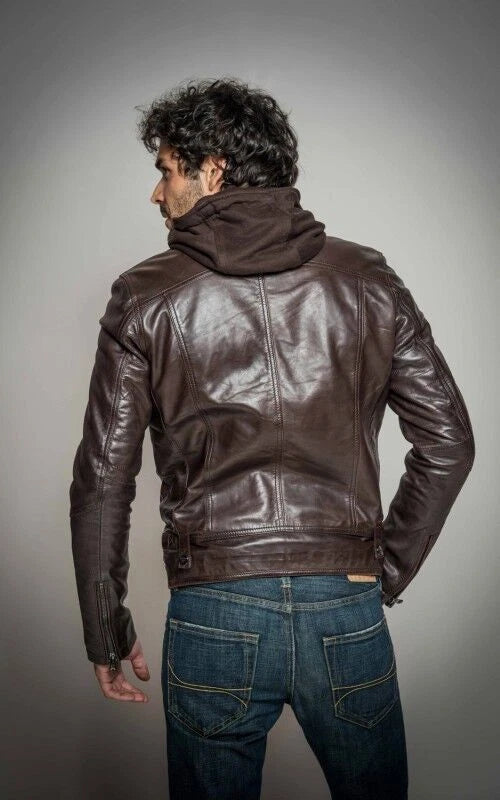 Men's Dark Brown Lambskin Original Premium Leather Hooded Biker Jacket with Quilted Panels