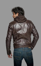 Men's Dark Brown Lambskin Original Premium Leather Hooded Biker Jacket with Quilted Panels