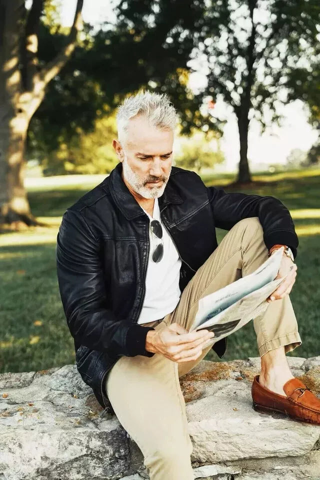 Men's Black Lambskin Premium Original Leather A-2 Flight Bomber Jacket with Patch Pockets