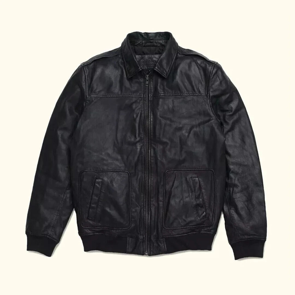Men's Black Lambskin Premium Original Leather A-2 Flight Bomber Jacket with Patch Pockets