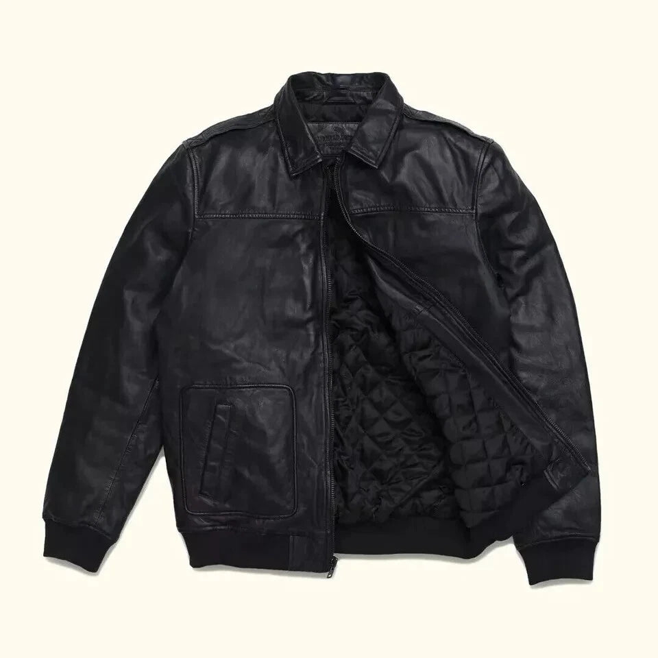 Men's Black Lambskin Premium Original Leather A-2 Flight Bomber Jacket with Patch Pockets