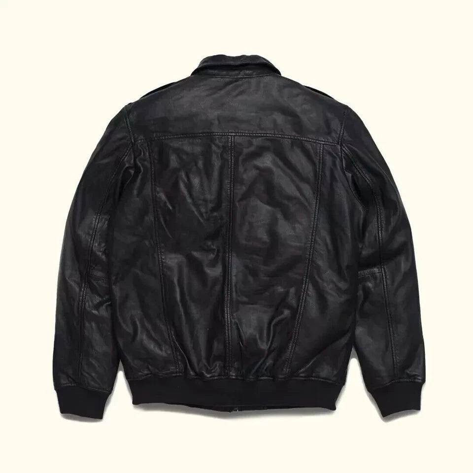 Men's Black Lambskin Premium Original Leather A-2 Flight Bomber Jacket with Patch Pockets