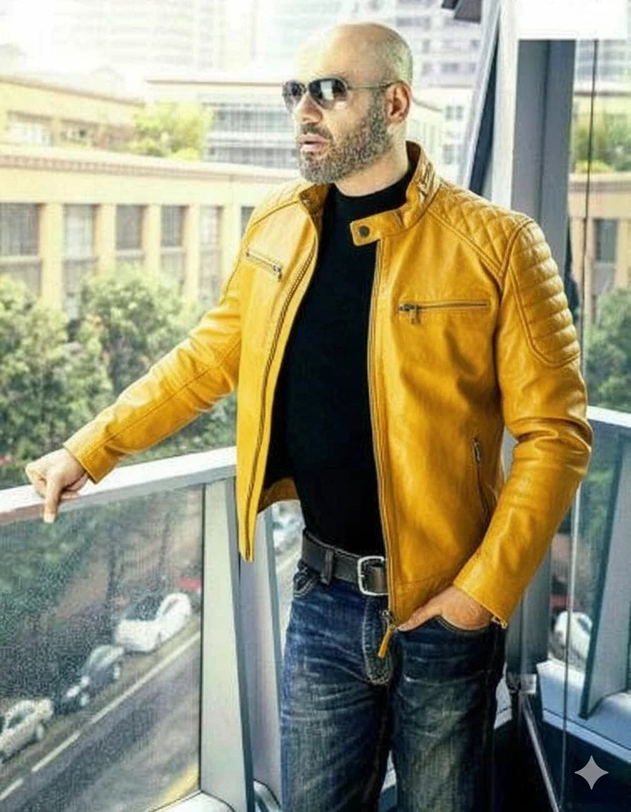 Men's Mustard Yellow Lambskin Premium Original Leather Biker Jacket with Quilted Shoulders