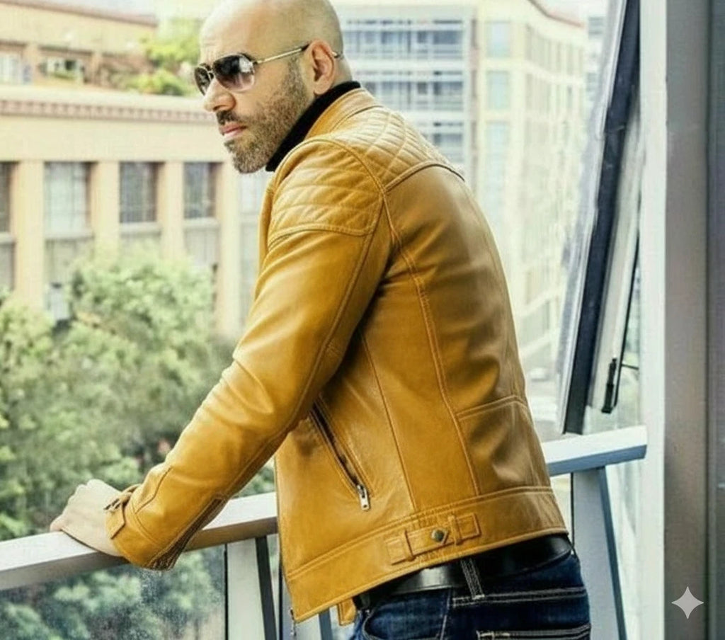 Men's Mustard Yellow Lambskin Premium Original Leather Biker Jacket with Quilted Shoulders