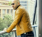 Men's Mustard Yellow Lambskin Premium Original Leather Biker Jacket with Quilted Shoulders