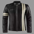 Men's Black Lambskin Original Premium Leather Racer Jacket with Cream Racing Stripes