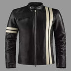 Men's Black Lambskin Original Premium Leather Racer Jacket with Cream Racing Stripes