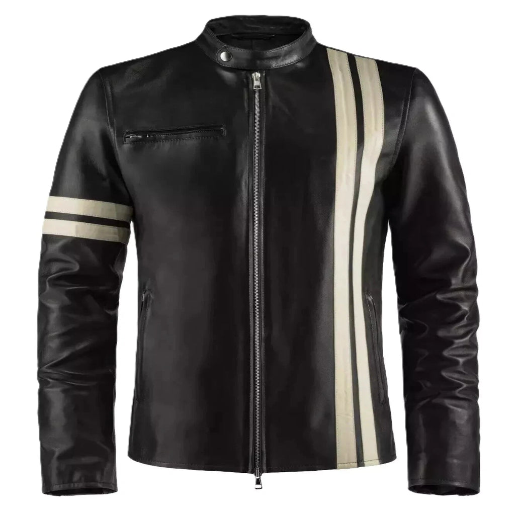 Men's Black Lambskin Original Premium Leather Racer Jacket with Cream Racing Stripes