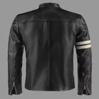 Men's Black Lambskin Original Premium Leather Racer Jacket with Cream Racing Stripes