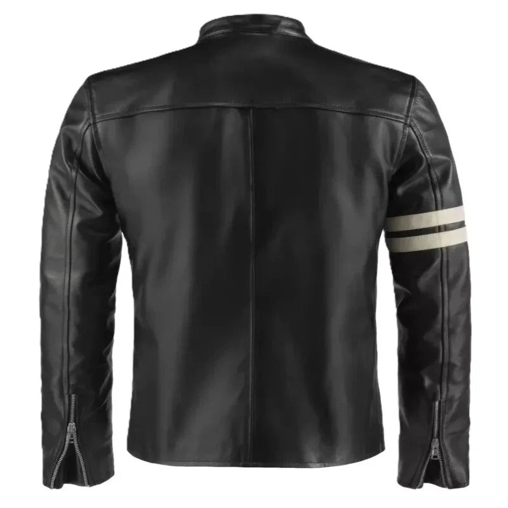 Men's Black Lambskin Original Premium Leather Racer Jacket with Cream Racing Stripes
