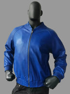 Men's Royal Blue Lambskin Premium Original Leather Bomber Jacket with Ribbed Trim