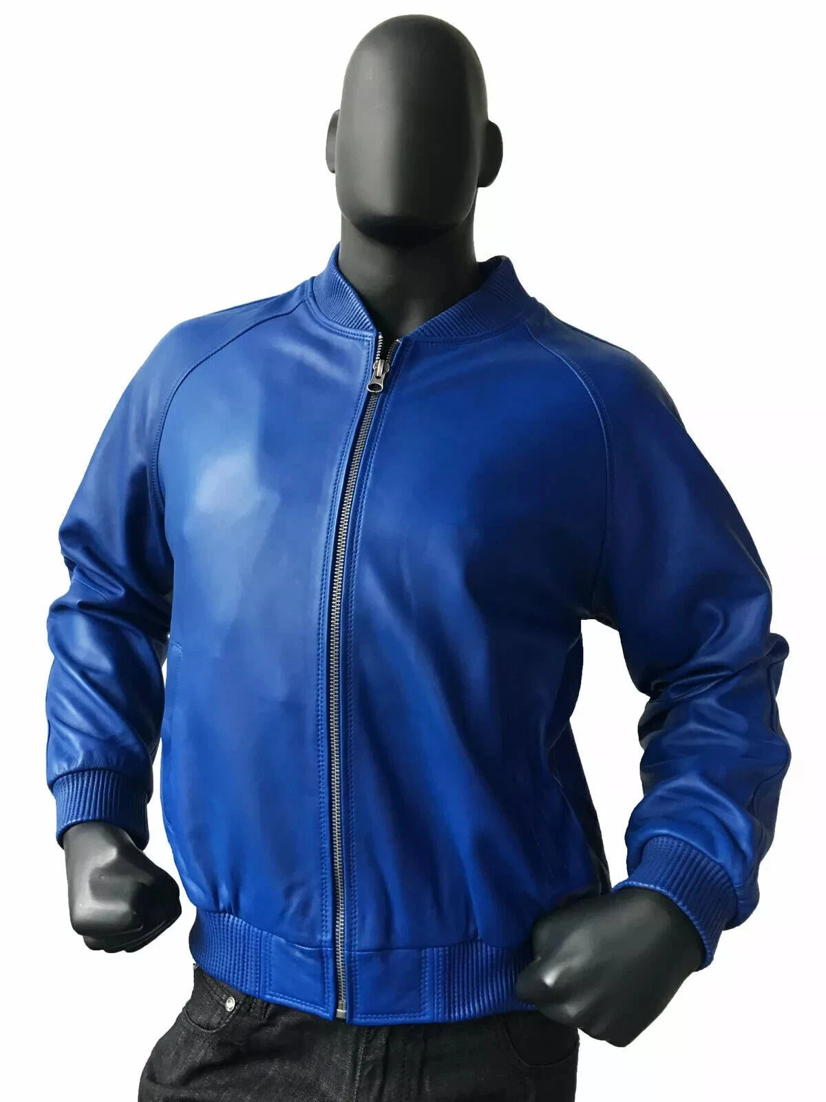 Men's Royal Blue Lambskin Premium Original Leather Bomber Jacket with Ribbed Trim