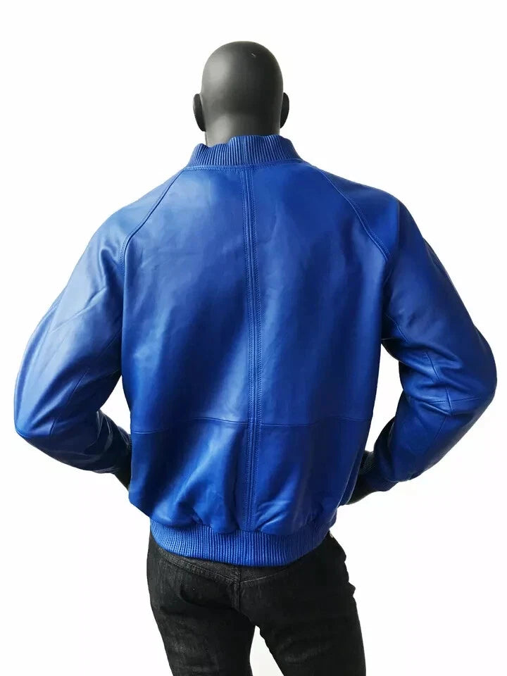 Men's Royal Blue Lambskin Premium Original Leather Bomber Jacket with Ribbed Trim