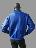 Men's Royal Blue Lambskin Premium Original Leather Bomber Jacket with Ribbed Trim
