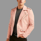 Men's Blush Pink Original Premium Lambskin Leather Asymmetric Biker Jacket with Epaulettes