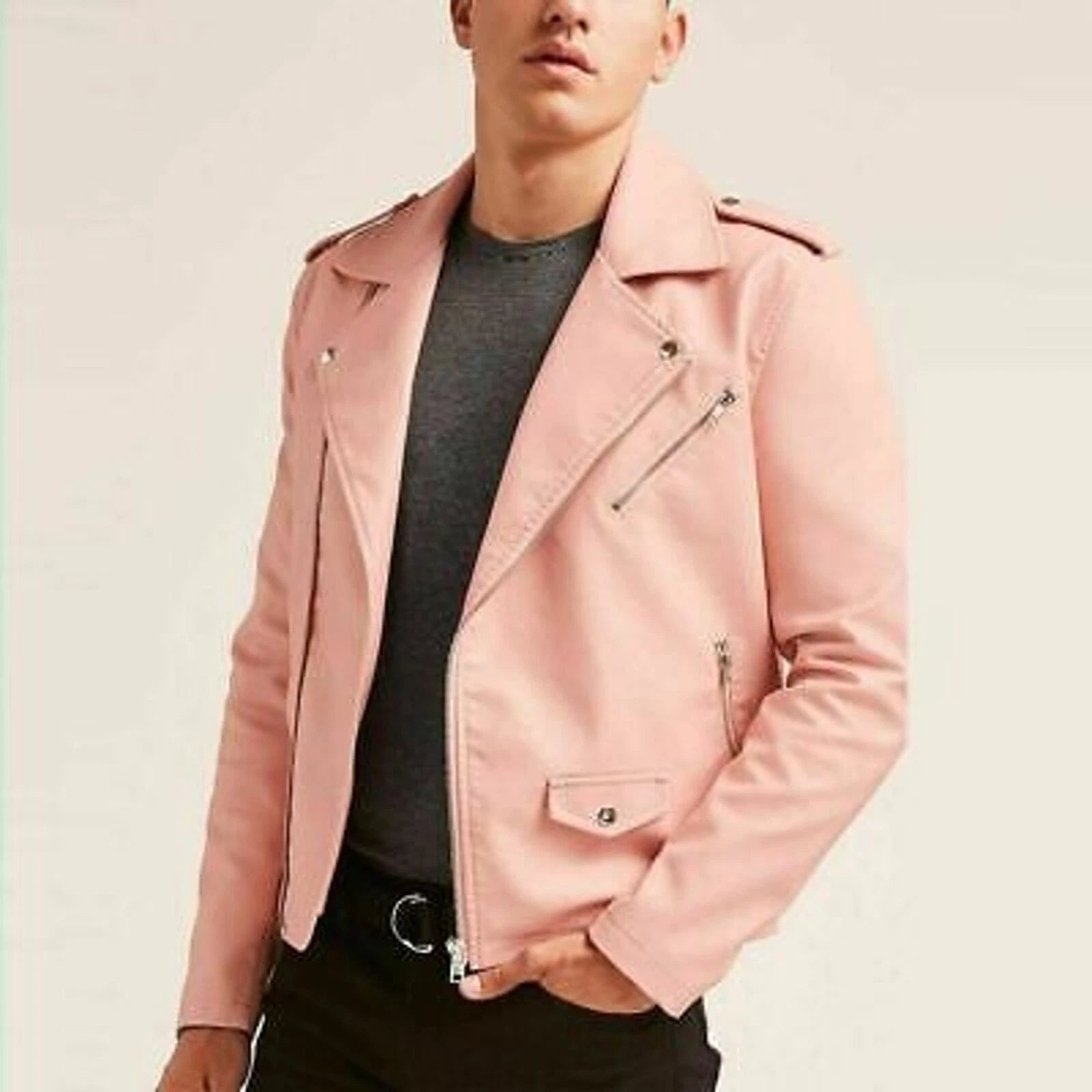 Men's Blush Pink Original Premium Lambskin Leather Asymmetric Biker Jacket with Epaulettes