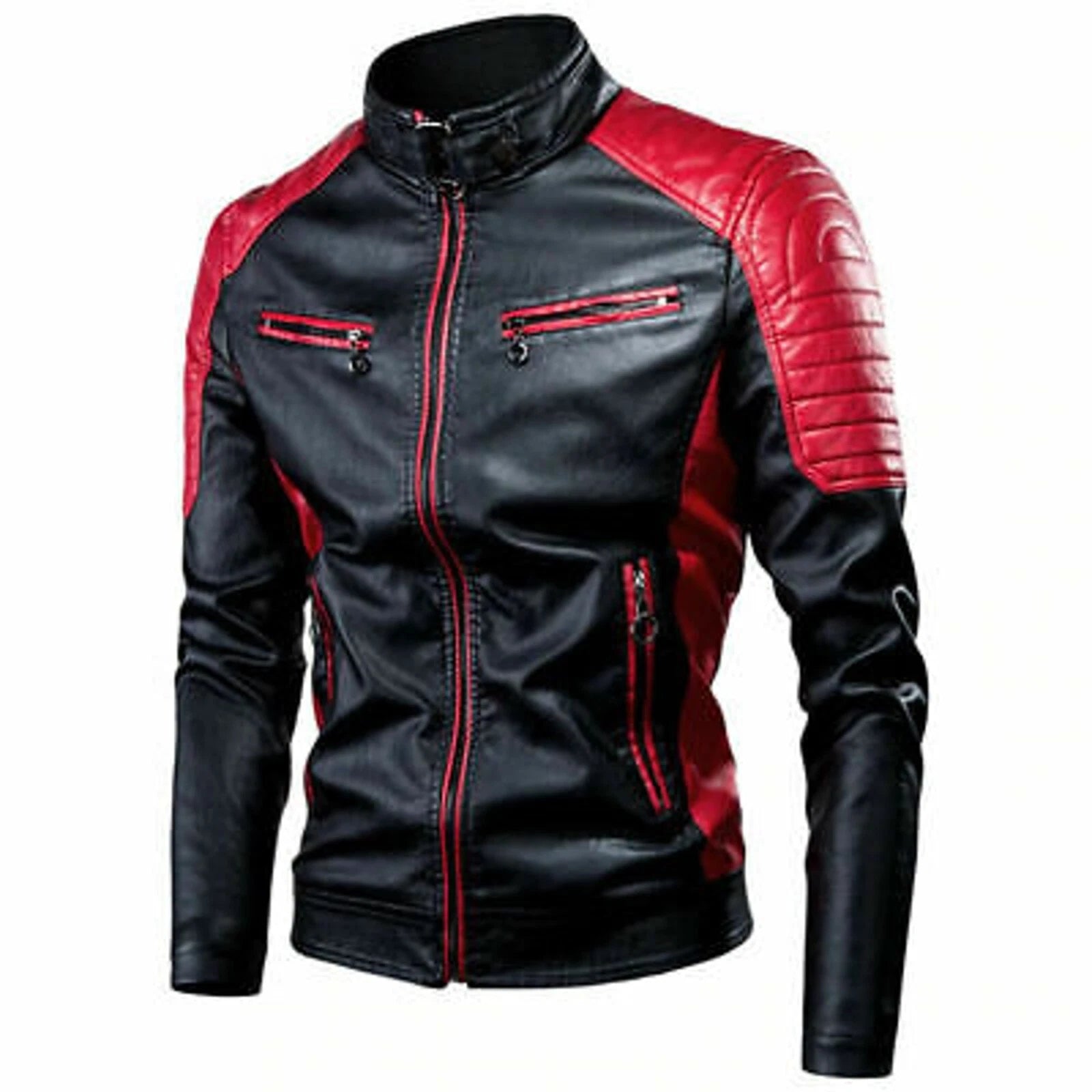 Men's Black & Red Lambskin Premium Original Leather Racer Jacket with Quilted Shoulders