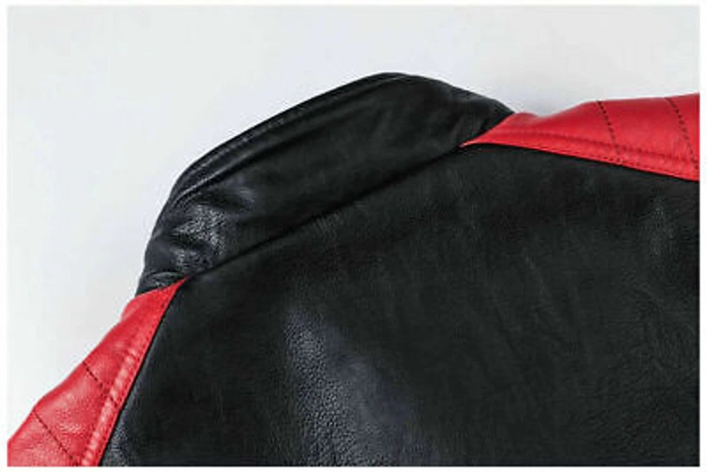 Men's Black & Red Lambskin Premium Original Leather Racer Jacket with Quilted Shoulders
