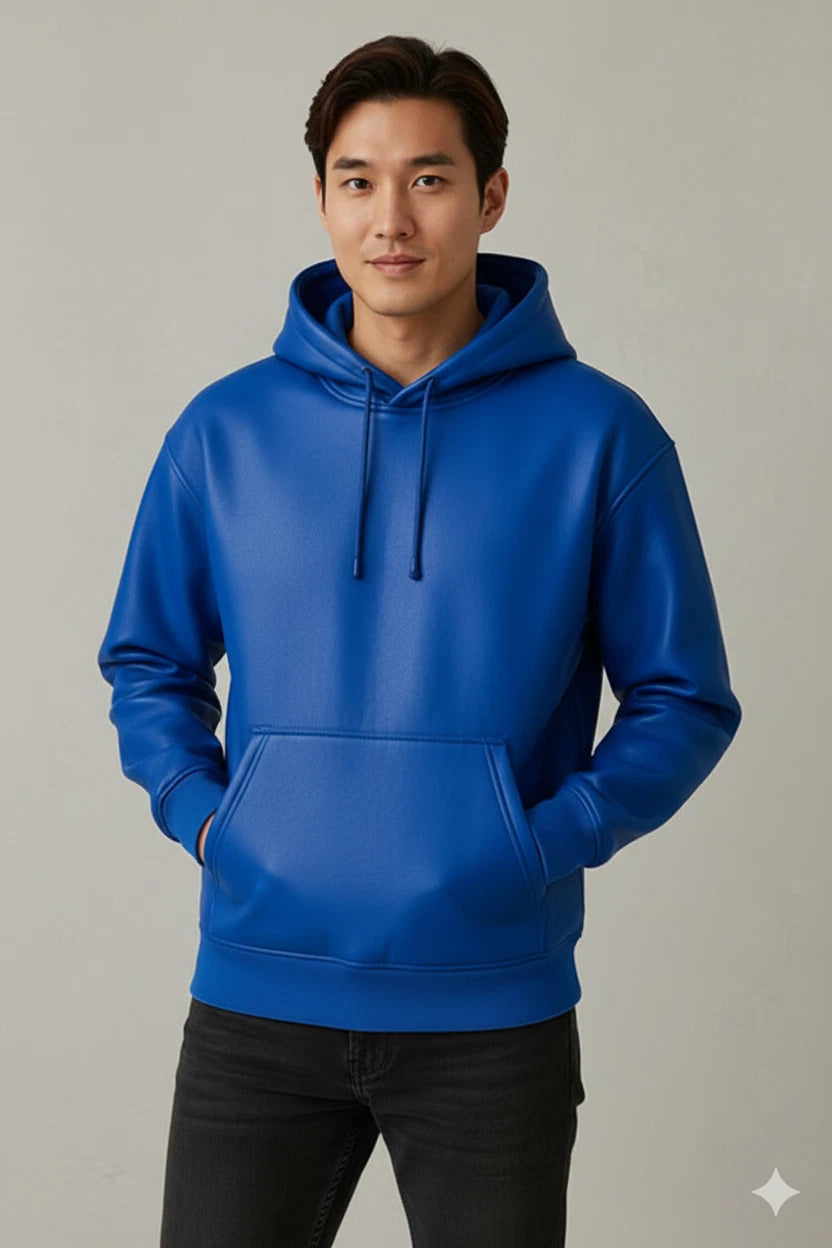 Men's Royal Blue Premium Lambskin Original Leather Pullover Hoodie