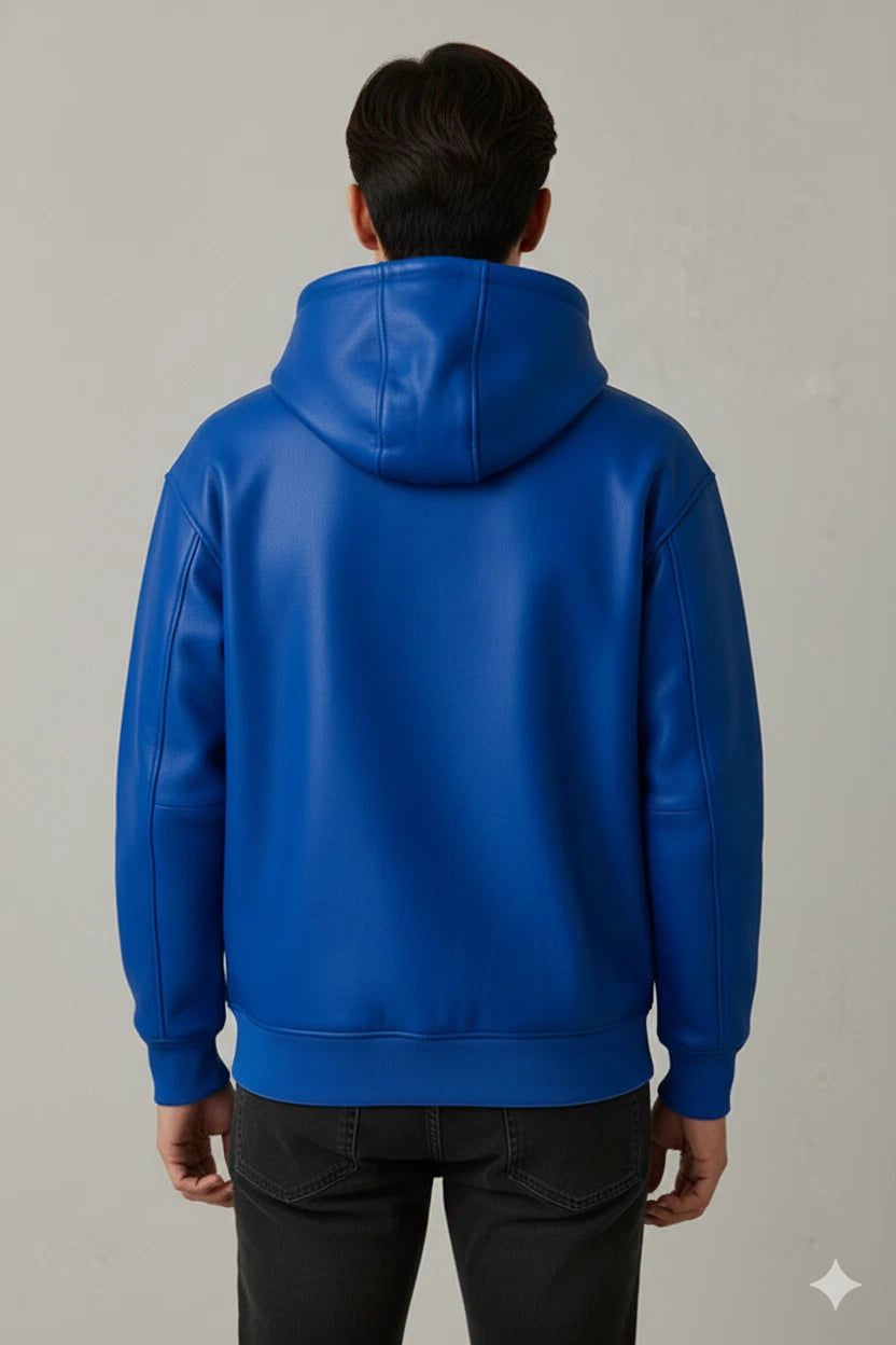 Men's Royal Blue Premium Lambskin Original Leather Pullover Hoodie