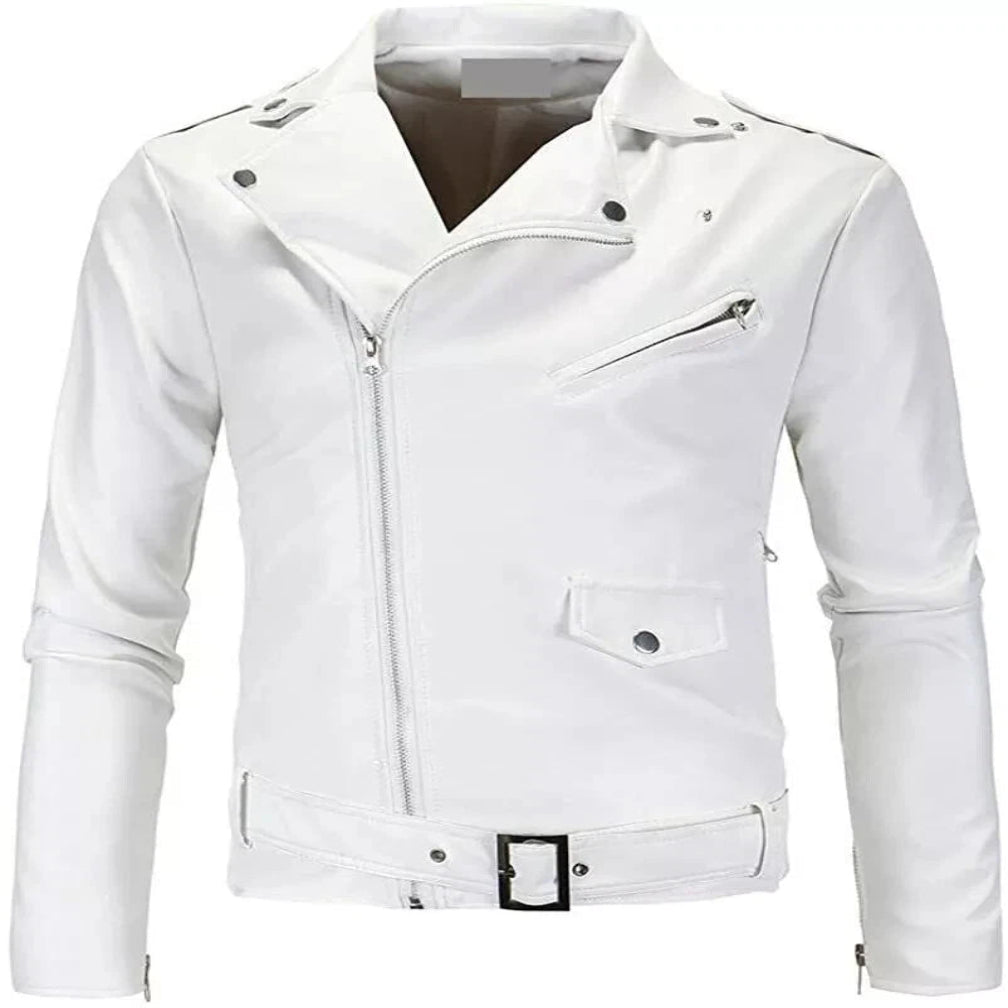 Men's White Lambskin Original Premium Leather Belted Biker Jacket with Snap Epaulettes