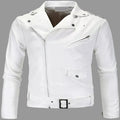 Men's White Lambskin Original Premium Leather Belted Biker Jacket with Snap Epaulettes