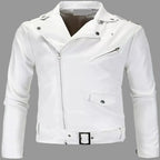 Men's White Lambskin Original Premium Leather Belted Biker Jacket with Snap Epaulettes
