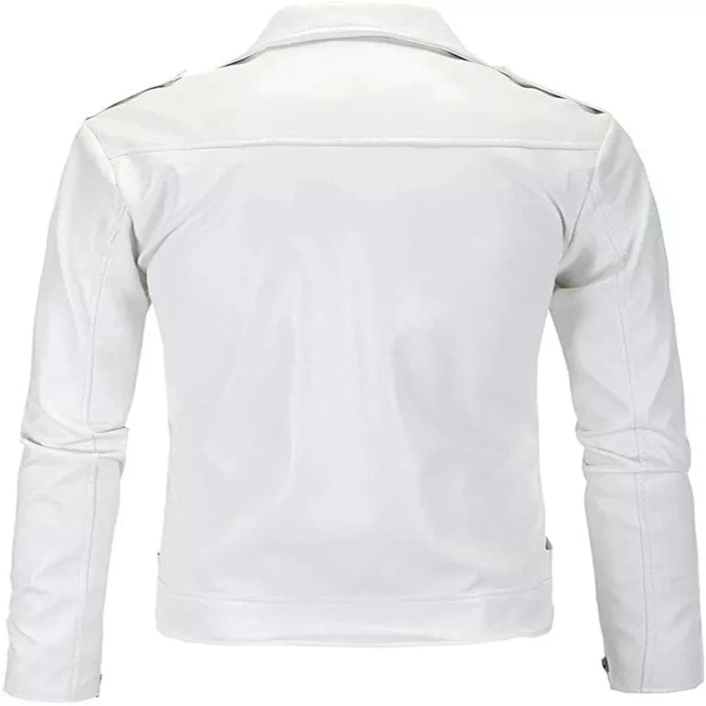Men's White Lambskin Original Premium Leather Belted Biker Jacket with Snap Epaulettes