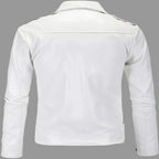 Men's White Lambskin Original Premium Leather Belted Biker Jacket with Snap Epaulettes
