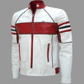 Men's White & Red Lambskin Original Premium Leather Motorsport Stripe Racer Jacket