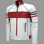 Men's White & Red Lambskin Original Premium Leather Motorsport Stripe Racer Jacket