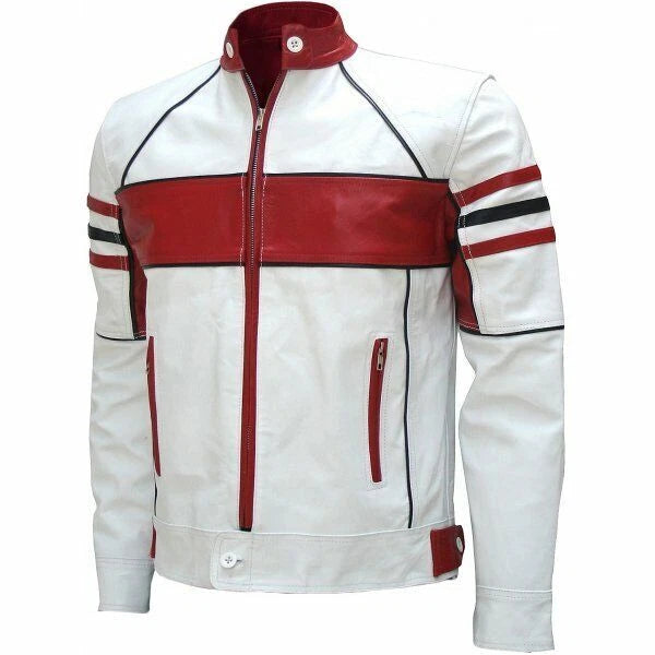 Men's White & Red Lambskin Original Premium Leather Motorsport Stripe Racer Jacket