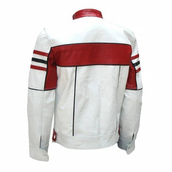 Men's White & Red Lambskin Original Premium Leather Motorsport Stripe Racer Jacket