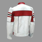 Men's White & Red Lambskin Original Premium Leather Motorsport Stripe Racer Jacket