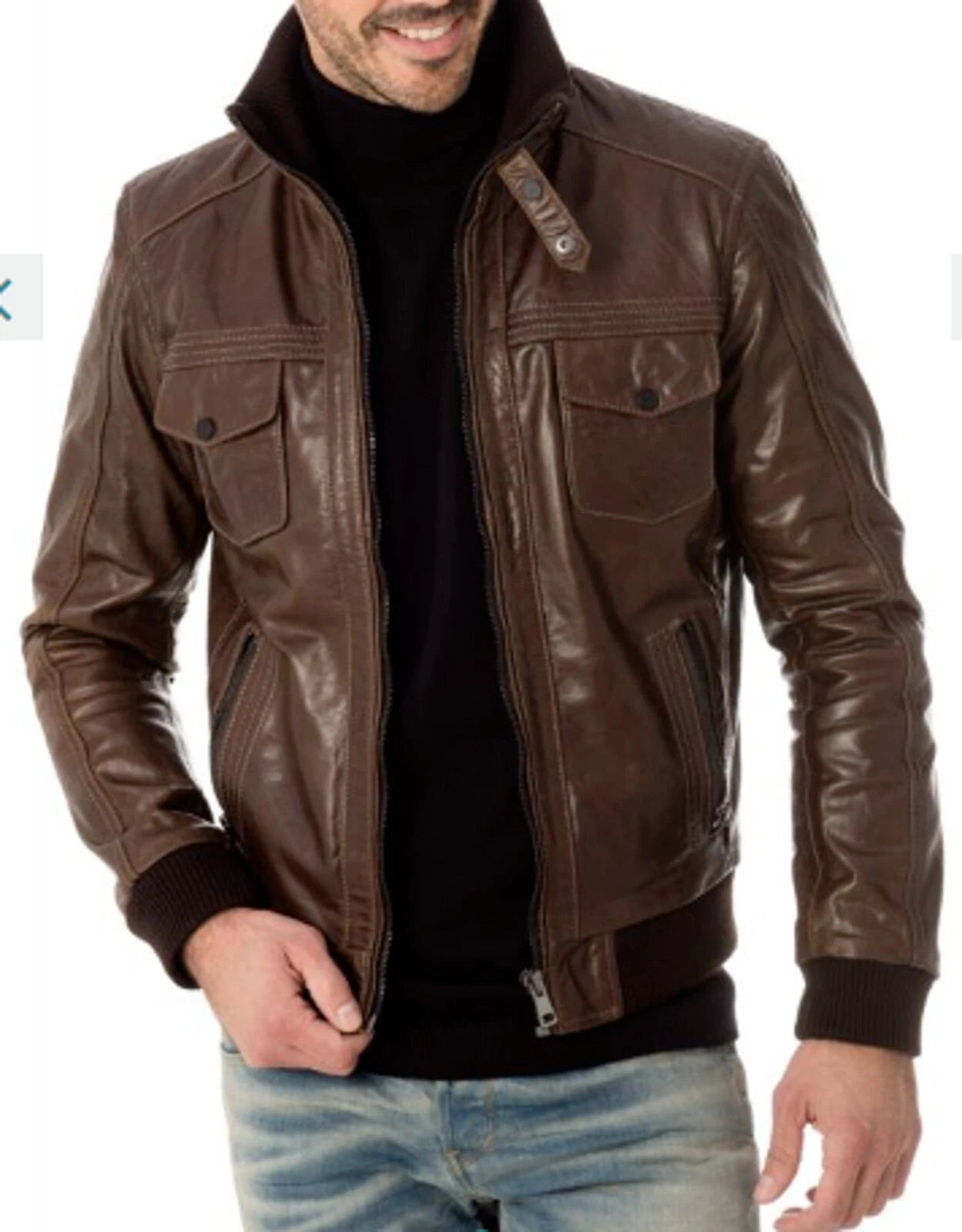 Men's Dark Brown Lambskin Premium Original Leather Bomber Jacket with Four Pockets & Ribbed Trim