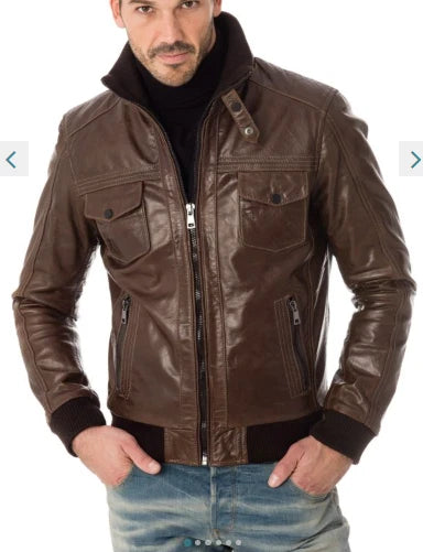 Men's Dark Brown Lambskin Premium Original Leather Bomber Jacket with Four Pockets & Ribbed Trim