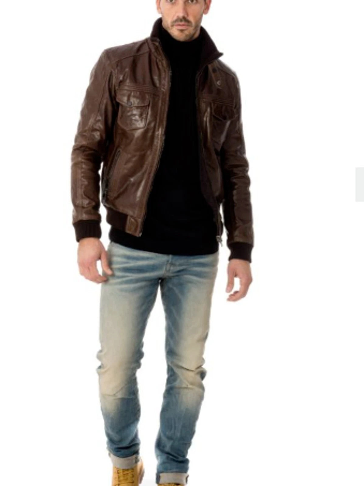 Men's Dark Brown Lambskin Premium Original Leather Bomber Jacket with Four Pockets & Ribbed Trim